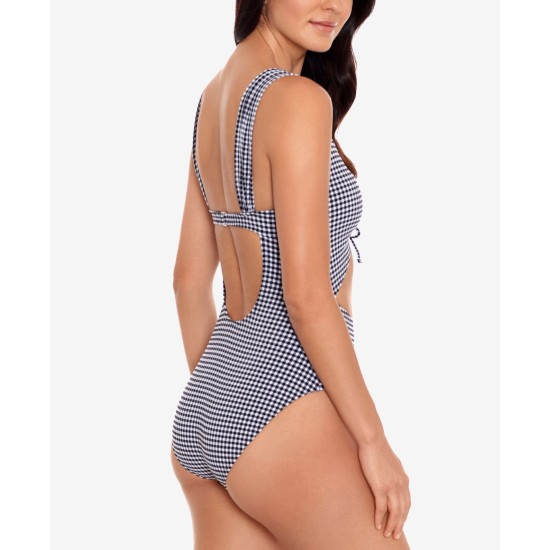  Gingham Sash Cut-Out One-Piece Swimsuit, Black/White, Small