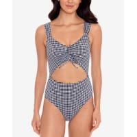 Salt + Cove Gingham Sash Cut-Out One-Piece Swimsuit, Black/White, Small
