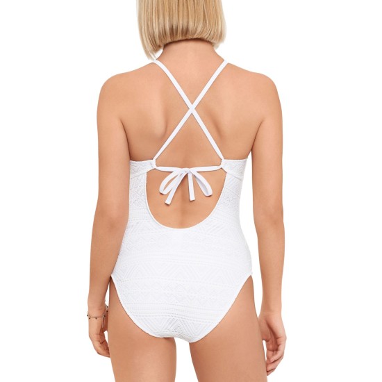 Juniors’ Crochet One-Piece Swimsuit, White, S
