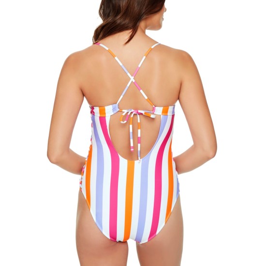  Juniors’ Striped Side-Lace One-Piece Swimsuit,Multi Stripe, Small