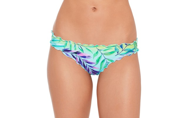 Juniors’ Tropical Punch Printed Ruffled Hipster Bikini Bottoms,Green,Small