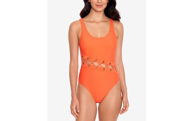  Laced Grommet One-Piece Swimsuit, Orange, Large
