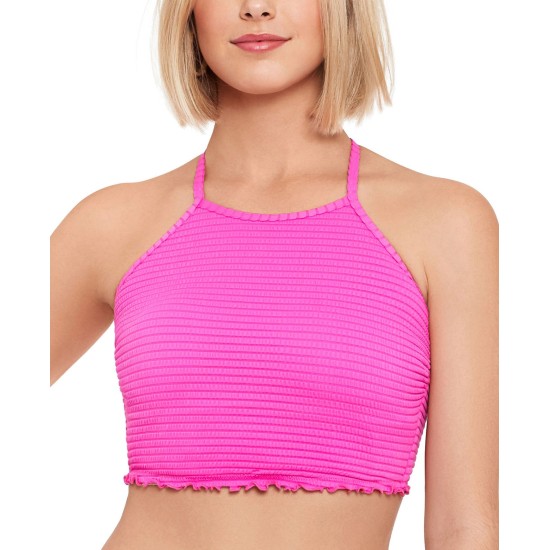  Textured Smocked Bikini Top, Pink, XS