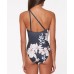  Night in the Jungle Asymmetrical One-Piece Swimsuit, Charcoal, X-Small