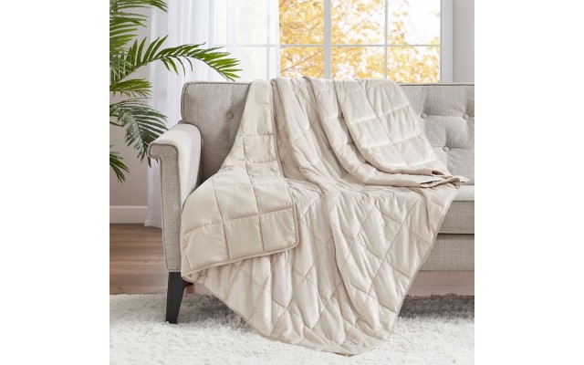  Faux Mink to Microfiber Weighted Blanket, Beige, 48″ x 72″