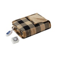 Sleep Philosophy Oversized Buffalo Check 60″ x 70″ Electric Plush Throw,Tan/Black