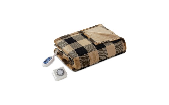  Oversized Buffalo Check 60″ x 70″ Electric Plush Throw,Tan/Black