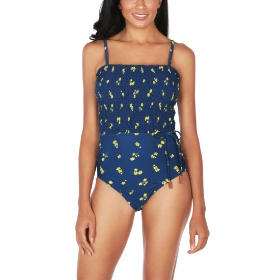  Ditsy Daze Smocked Women’s One-Piece Swimsuit, Navy, Small