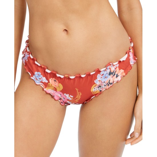  Mermaid Floral Printed Ruffled Bikini Bottoms, Small, Orange