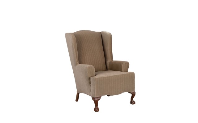  Stretch Pinstripe Wing Chair Slipcover, Taupe