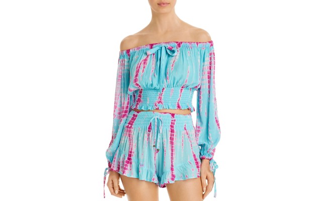  Tie-Dyed Off-The-Shoulder Top Swim Cover-Up, Blue, Medium