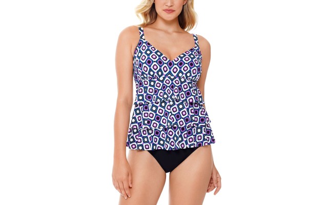  Jewels Printed Tiered Tummy Control One-Piece Swimsuit, Purple, 8