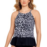 Swim Solutions Pleated High-Neck Tankini Top, 10, Black