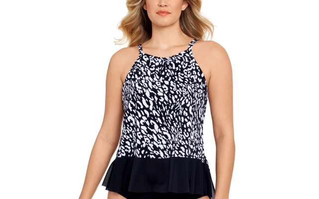  Pleated High-Neck Tankini Top, 10, Black