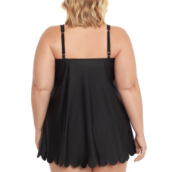  Plus Size Mesh-Inset Tummy-Control Swimdress, 22W, Black