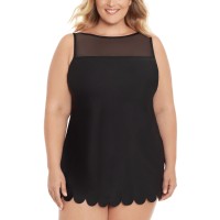 Swim Solutions Plus Size Mesh-Inset Tummy-Control Swimdress, 22W, Black