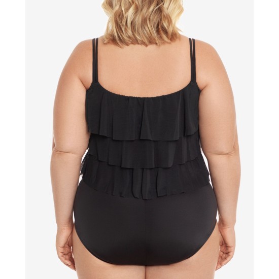  Plus Size Triple Tiered Tummy-Control One-Piece Swimsuit, Black, 18W