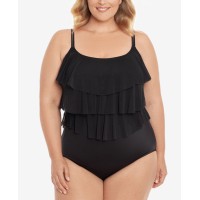 Swim Solutions Plus Size Triple Tiered Tummy-Control One-Piece Swimsuit, Black, 20W