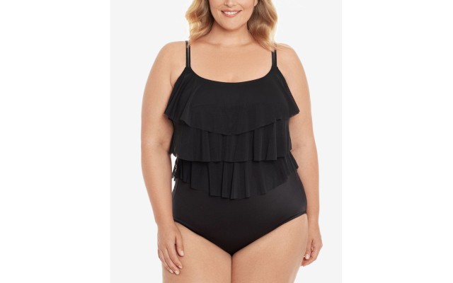  Plus Size Triple Tiered Tummy-Control One-Piece Swimsuit, Black, 20W