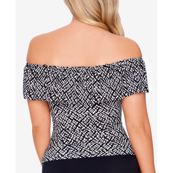  Printed Off-The-Shoulder Flounce Tankini Top, 16, Black/White