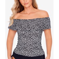 Swim Solutions Printed Off-The-Shoulder Flounce Tankini Top, 16, Black/White