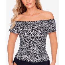Swim Solutions Printed Off-The-Shoulder Flounce Tankini Top, 16, Black/White