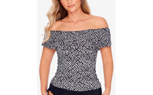  Printed Off-The-Shoulder Flounce Tankini Top, 16, Black/White