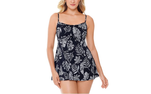  Spotted Leaves Printed Empire-Waist Tummy Control Swimdress,Black,16