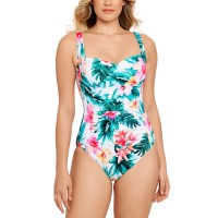 Swim Solutions Tummy-Control One-Piece Swimsuit,Tropical Punch, 10
