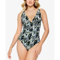 Swim Solutions V-Neck Plunge One-Piece Swimsuit Women’s Swimsuit, Multi, 14