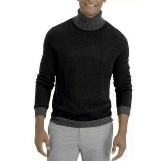  Men’s Cashmere Turtleneck Sweater, Black/Gray, Medium