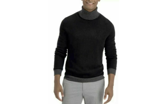  Men’s Cashmere Turtleneck Sweater, Black/Gray, Small