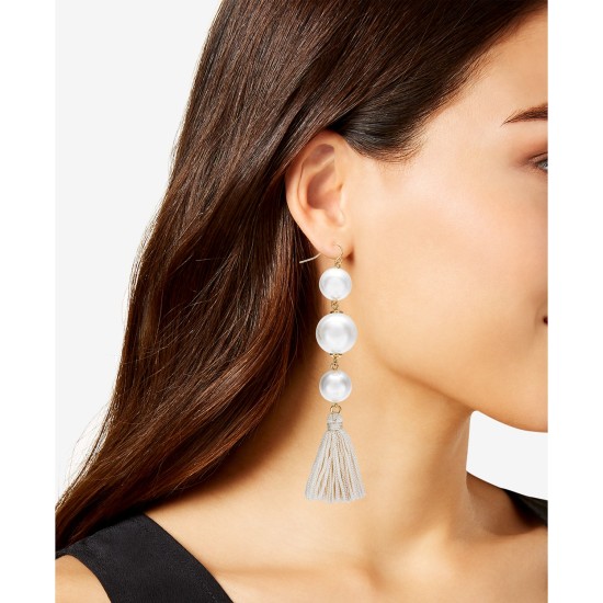  Gold-Tone Imitation Pearl & Crystal, Heart Cross Tassel Drop Earrings – 2 Pack