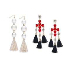 Thalia Sodi Gold-Tone Imitation Pearl & Crystal, Heart Cross Tassel Drop Earrings – 2 Pack