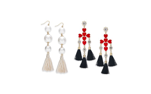  Gold-Tone Imitation Pearl & Crystal, Heart Cross Tassel Drop Earrings – 2 Pack