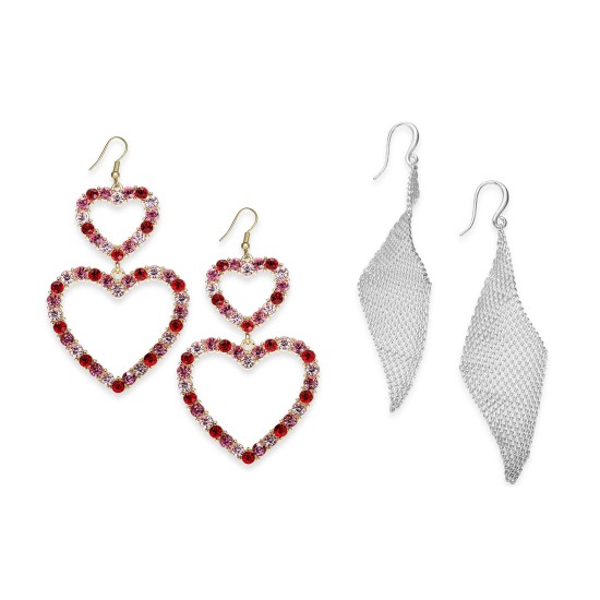  Gold-Tone Pave Double-Heart & Silver Twisted Mesh Drop Earrings – 2 Pack
