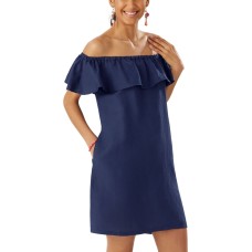 Tommy Bahama Ruffled Off-The-Shoulder Over-Up Dress Women’s Swimsuit, Navy, Medium