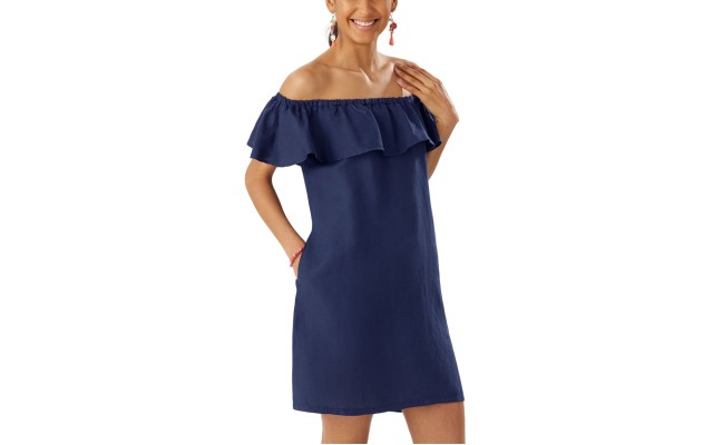  Ruffled Off-The-Shoulder Over-Up Dress Women’s Swimsuit, Navy, Medium