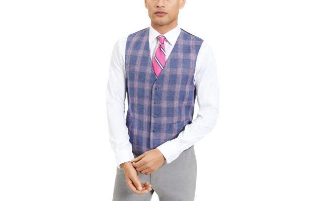  Men’s Modern-Fit Th Flex Plaid Windowpane Vest, Blue X-Large