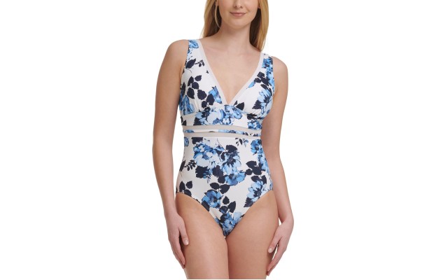  Mesh-Inset Floral-Print One-Piece Swimsuit, Natural, 8