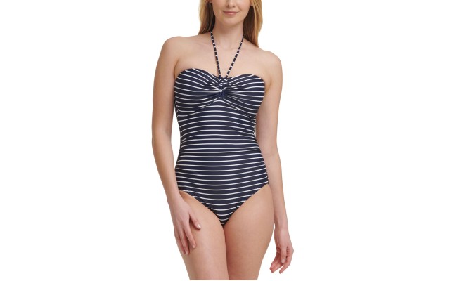  Striped One-Piece Swimsuit, 4, Navy