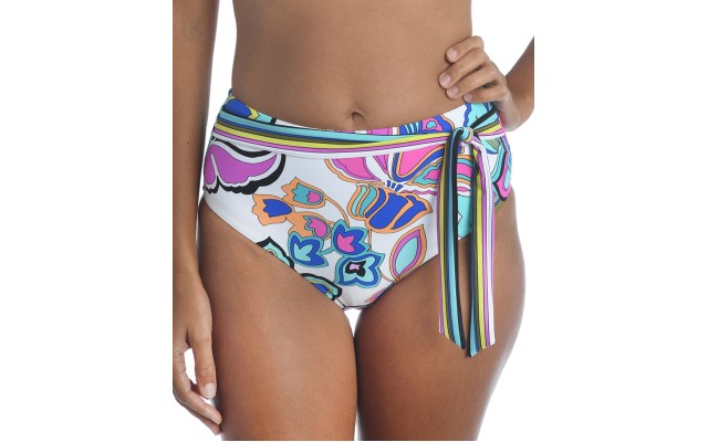  Mandalay Printed High-Waist Bikini Bottoms, White, 4