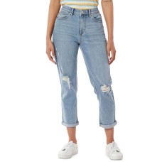 Unionbay Juniors’ Destructed High-Waist Mom Jeans, Blue, Size 3