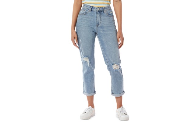  Juniors’ Destructed High-Waist Mom Jeans, Blue, Size 3