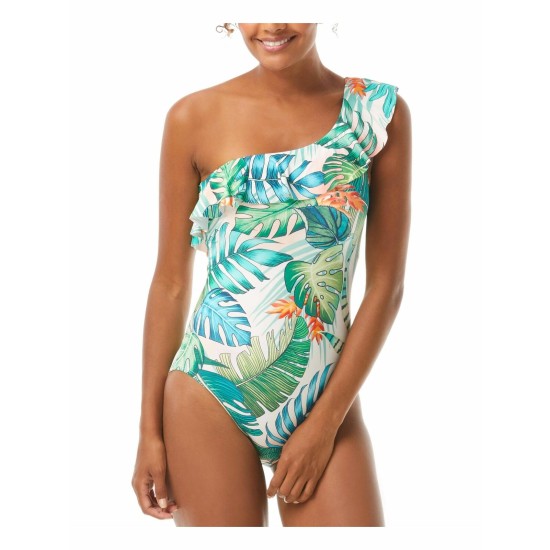  Printed Ruffle One-Shoulder One-Piece Swimsuit Women Swimsuit, Multi, Multi, 4