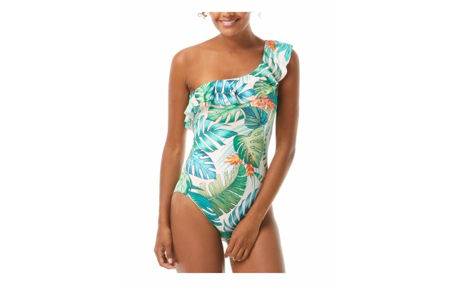  Printed Ruffle One-Shoulder One-Piece Swimsuit Women Swimsuit, Multi, Multi, 4