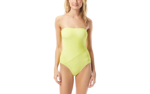  Spliced Printed Bandeau One-Piece Swimsuit,Yellow, 6