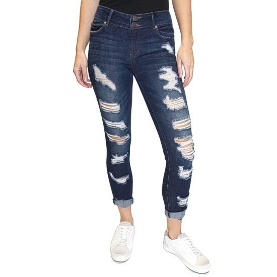  Juniors’ Ripped Mid-Rise Roll-Up Skinny Jeans, Dark Blue, Size 1