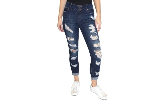  Juniors’ Ripped Mid-Rise Roll-Up Skinny Jeans, Dark Blue, Size 1
