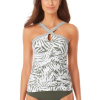 Anne Cole Signature Womens Palm Breeze Hi-Neck Tankini Top, Olive/White, X-Small